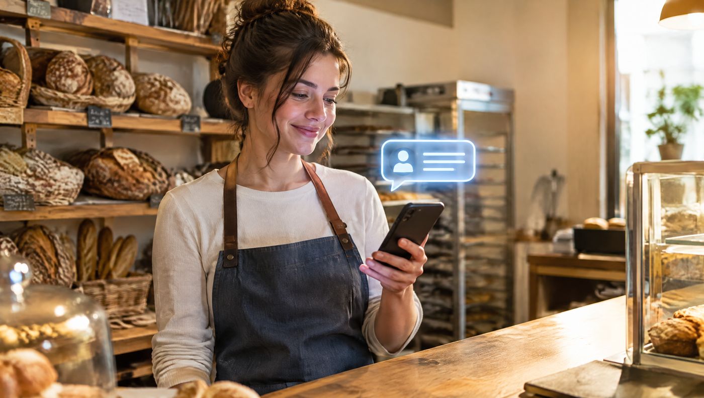 Bakery owner holding a phone with a chat bubble above it