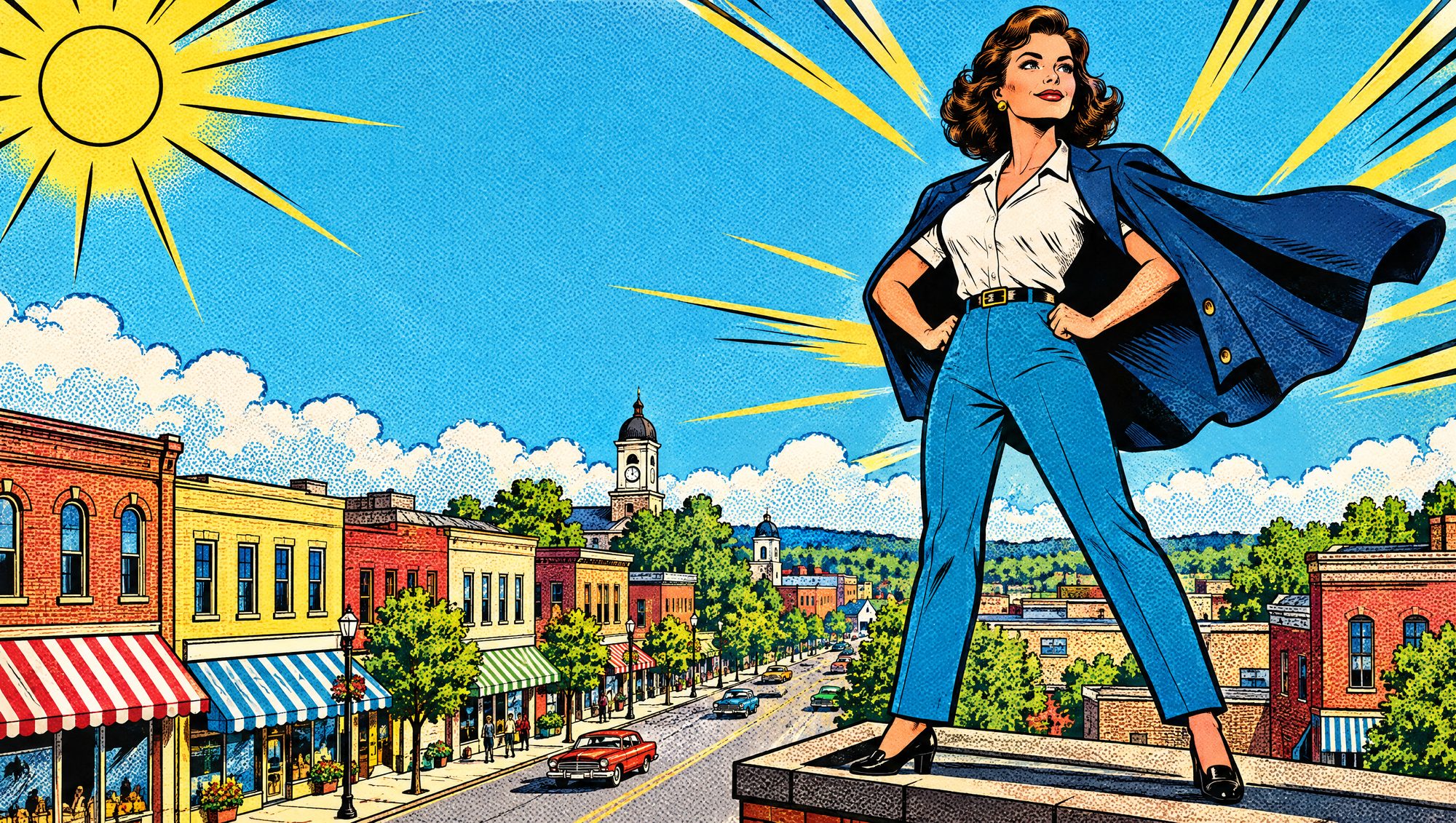 Comic-style business owner hero on a rooftop above main street