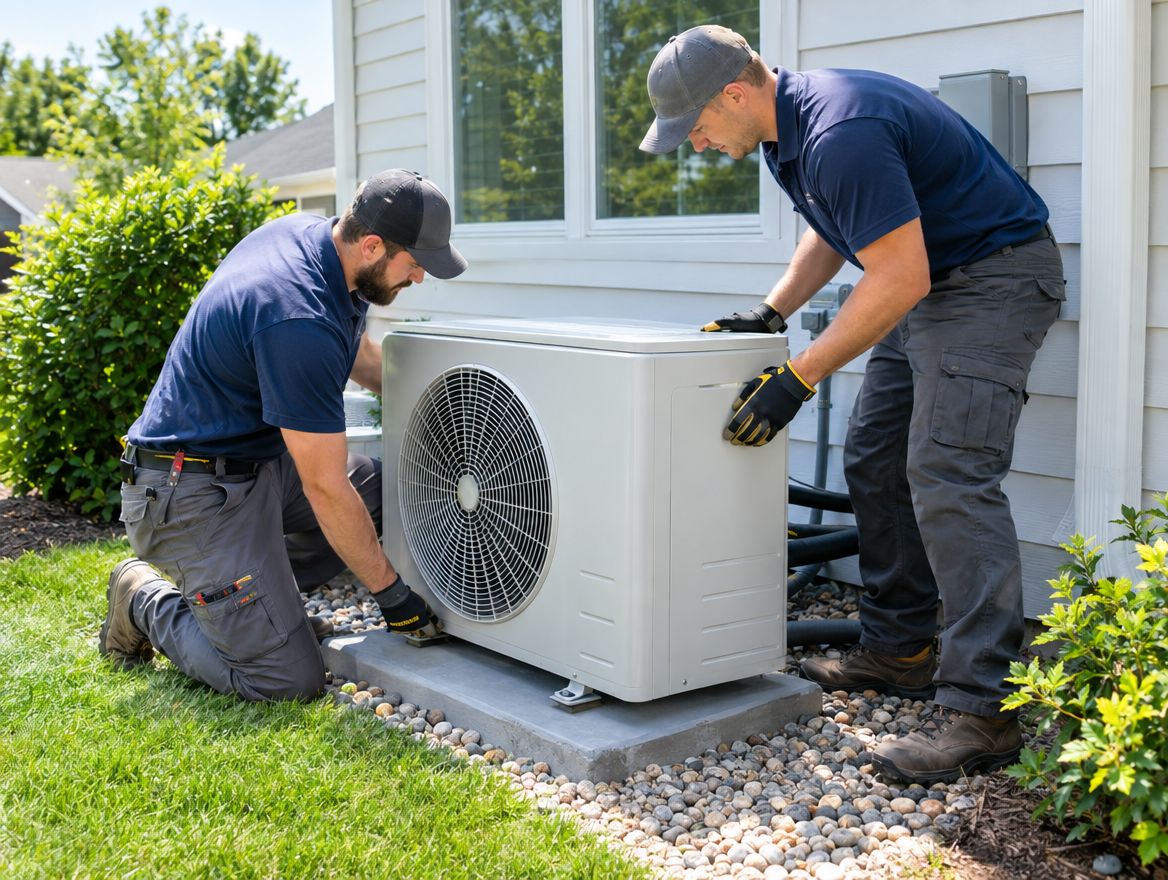 Installers setting a new outdoor AC unit