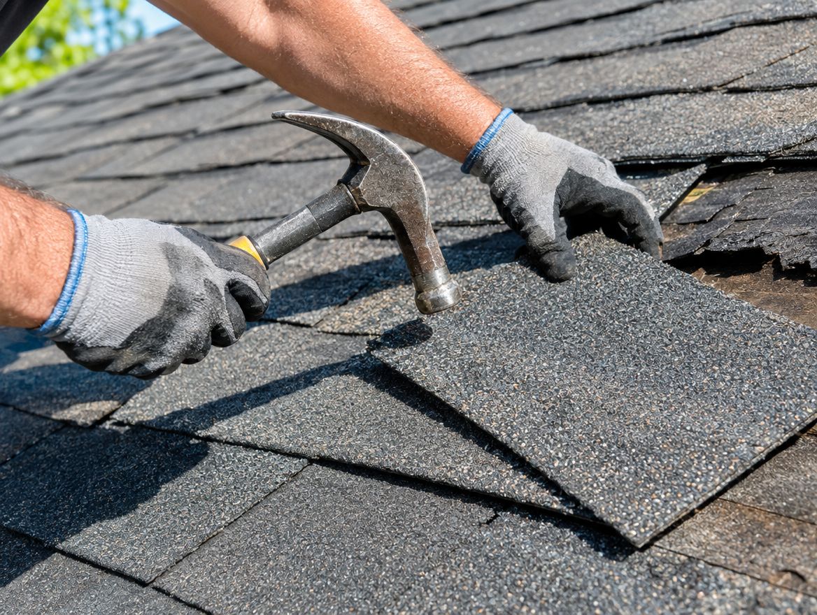 Roofer replacing a damaged shingle