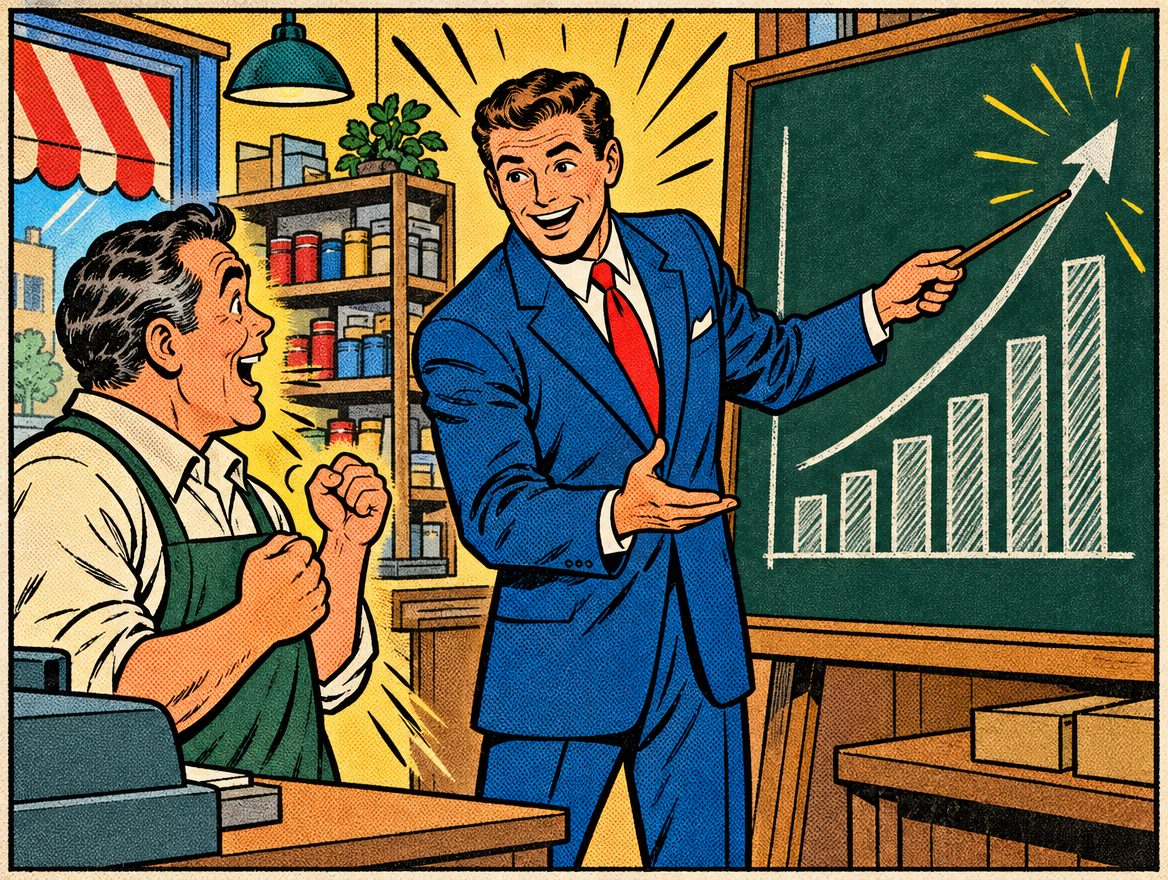 Comic coach pointing to a rising chart