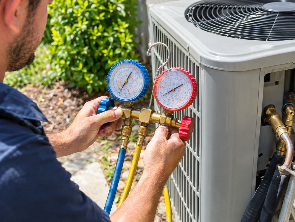 Comfort Air technician checking AC refrigerant gauges