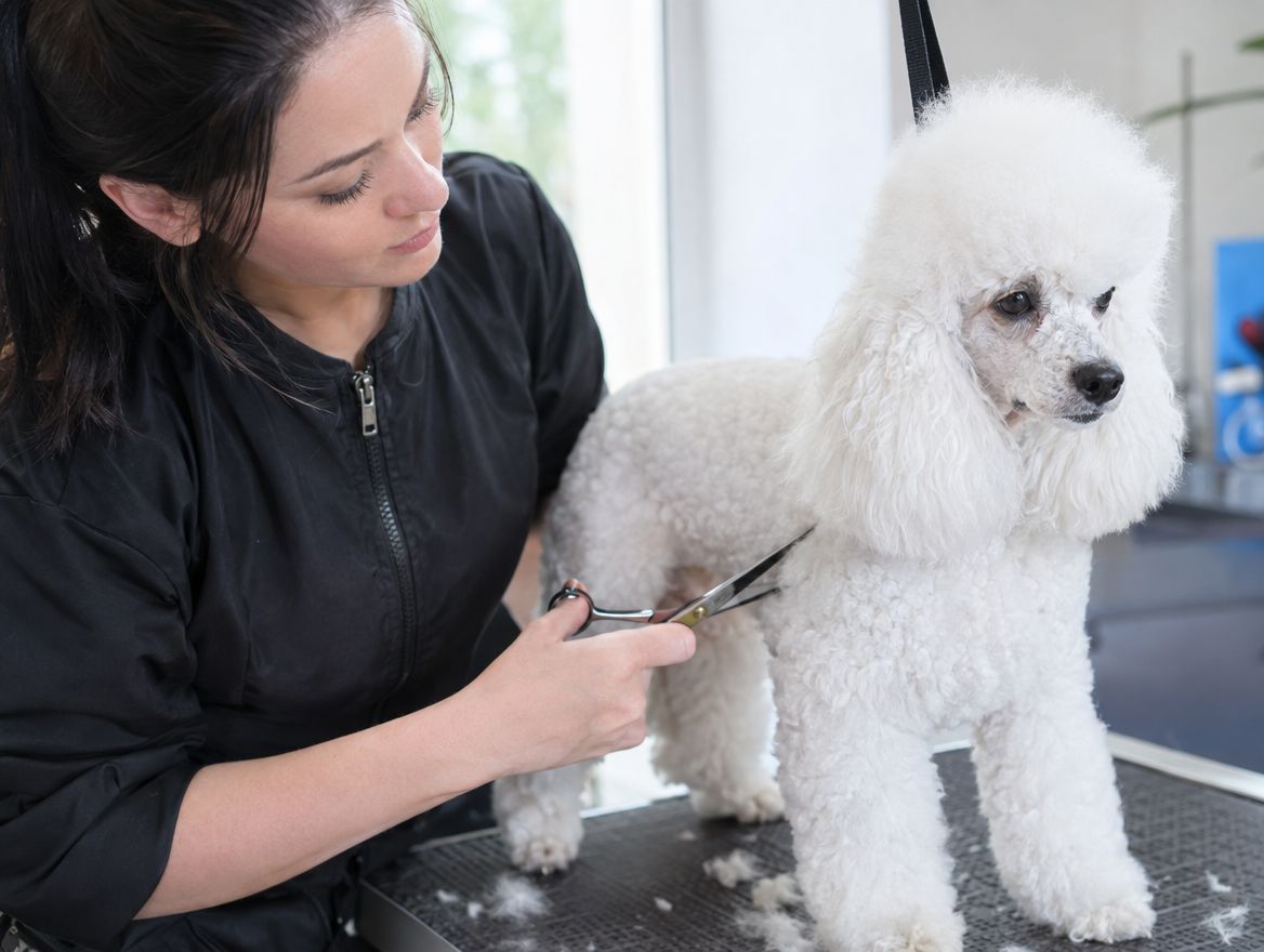 Groomer trimming a poodle