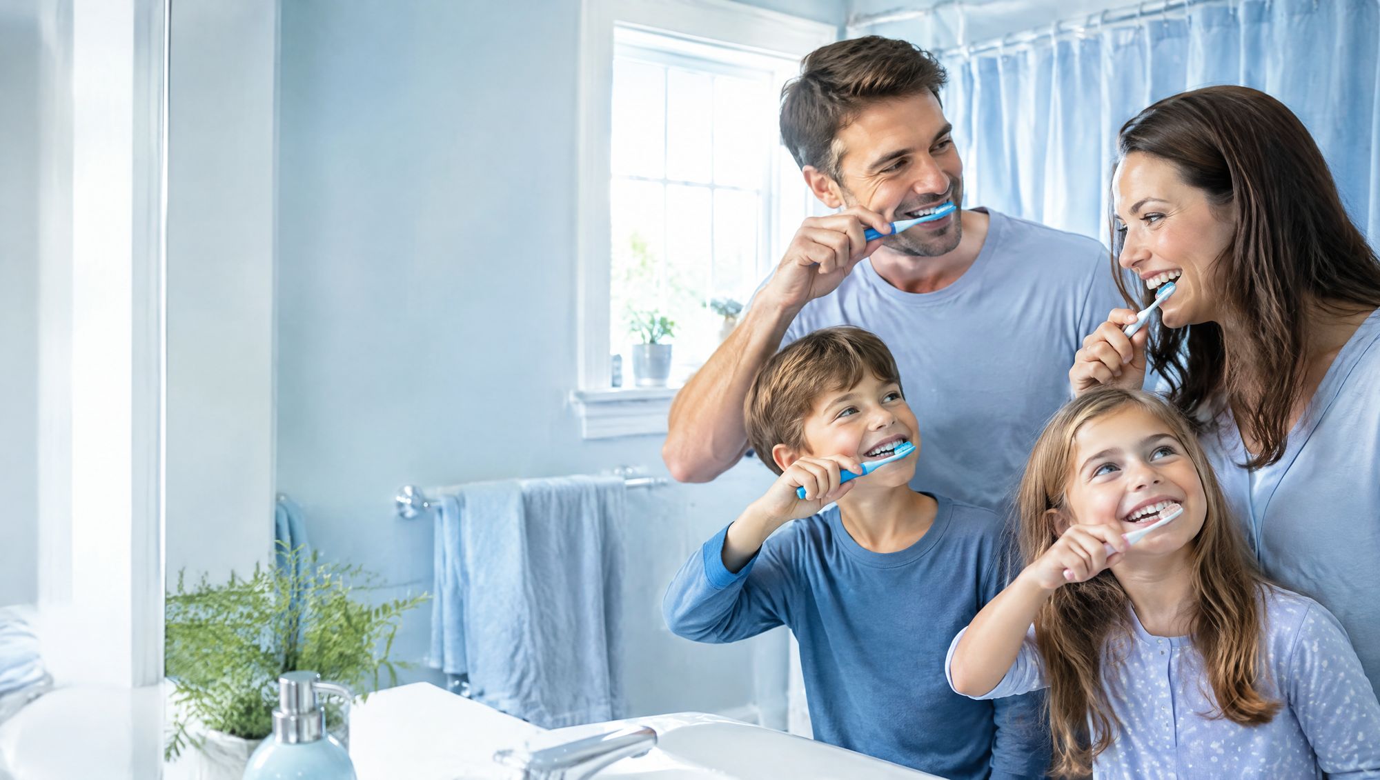 Family brushing teeth