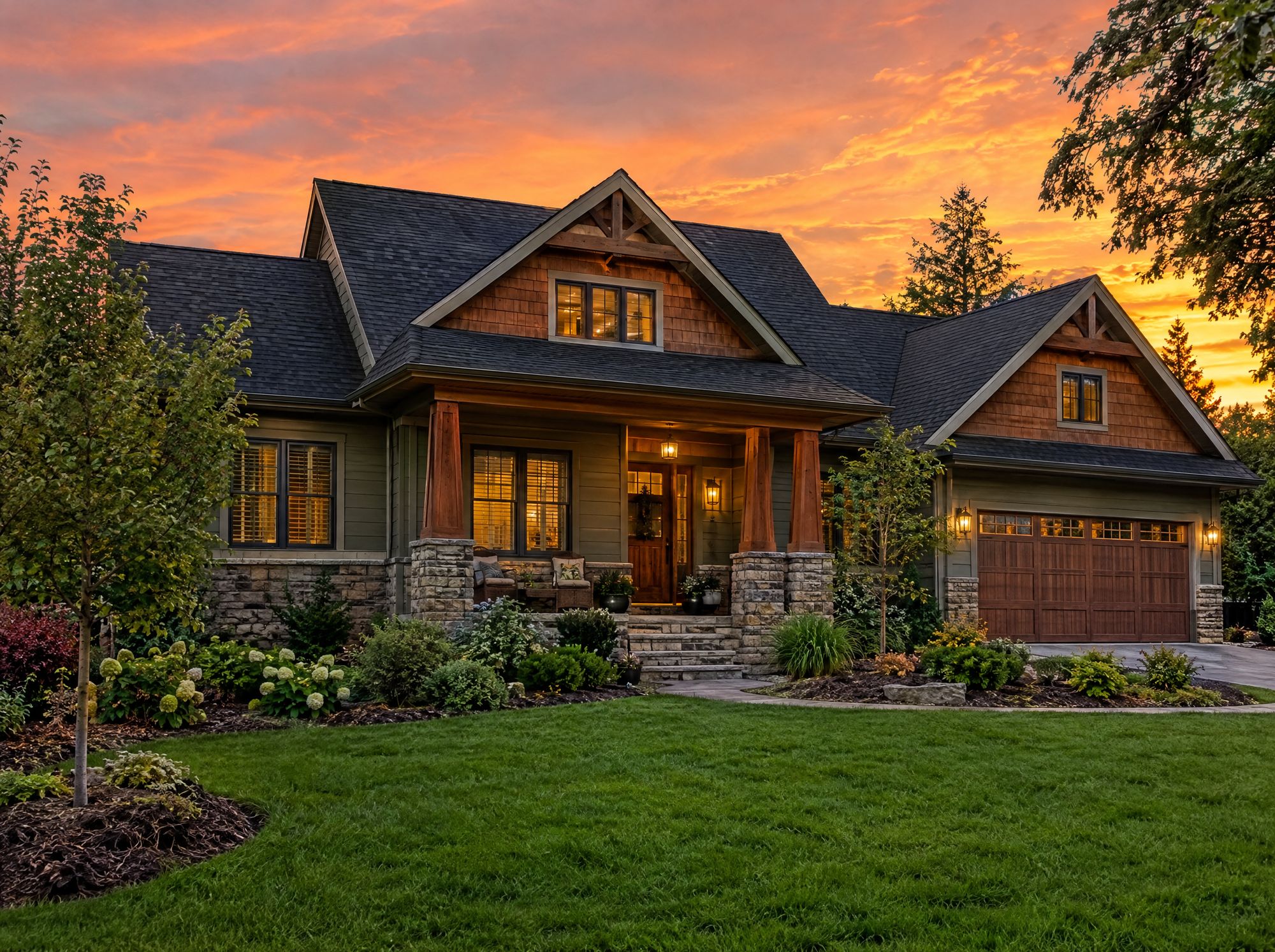 Craftsman home with a new roof at sunset