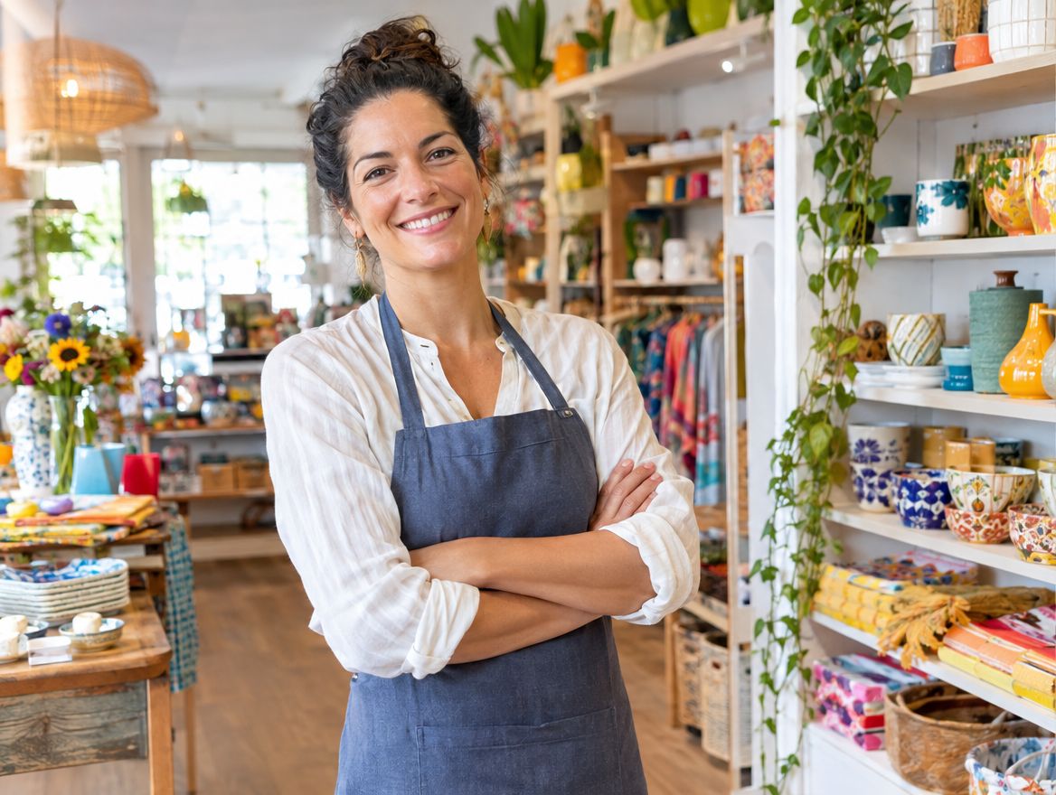 Smiling boutique owner in her shop