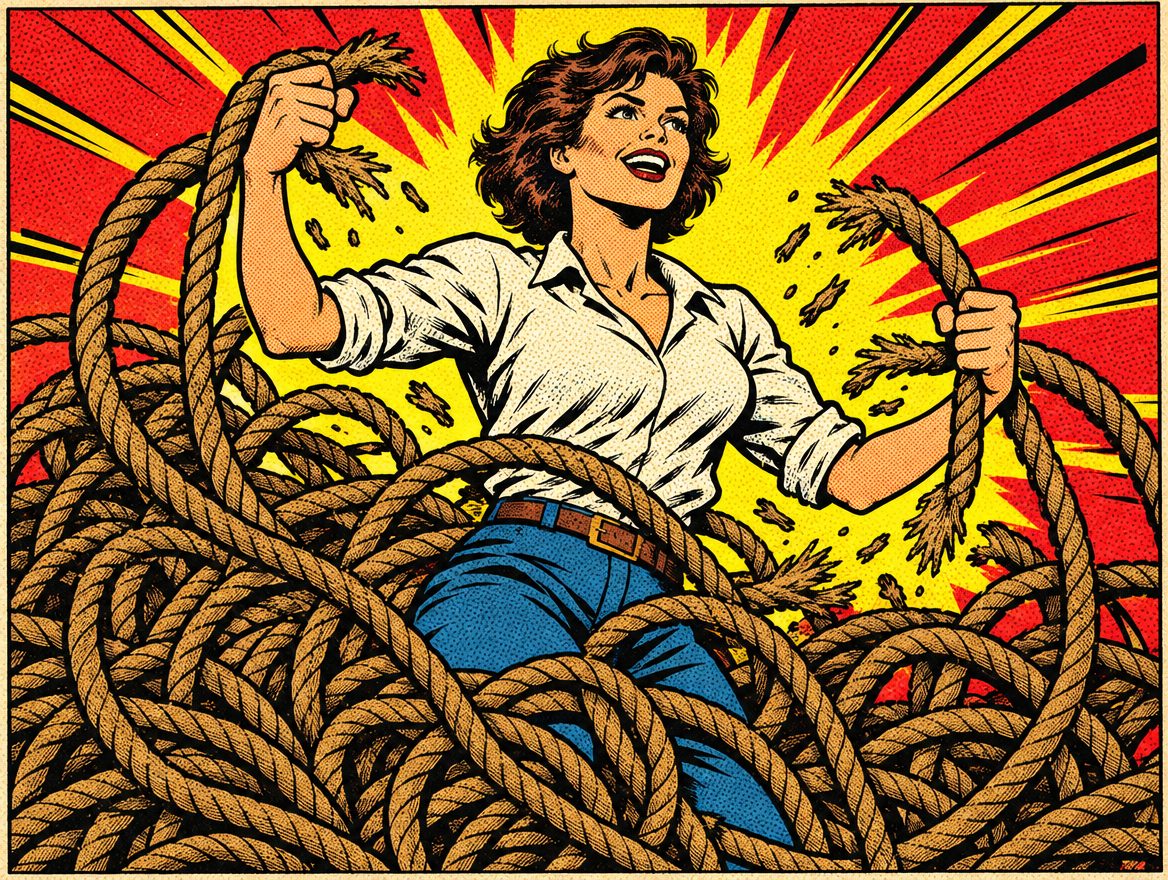 Comic hero breaking free from ropes
