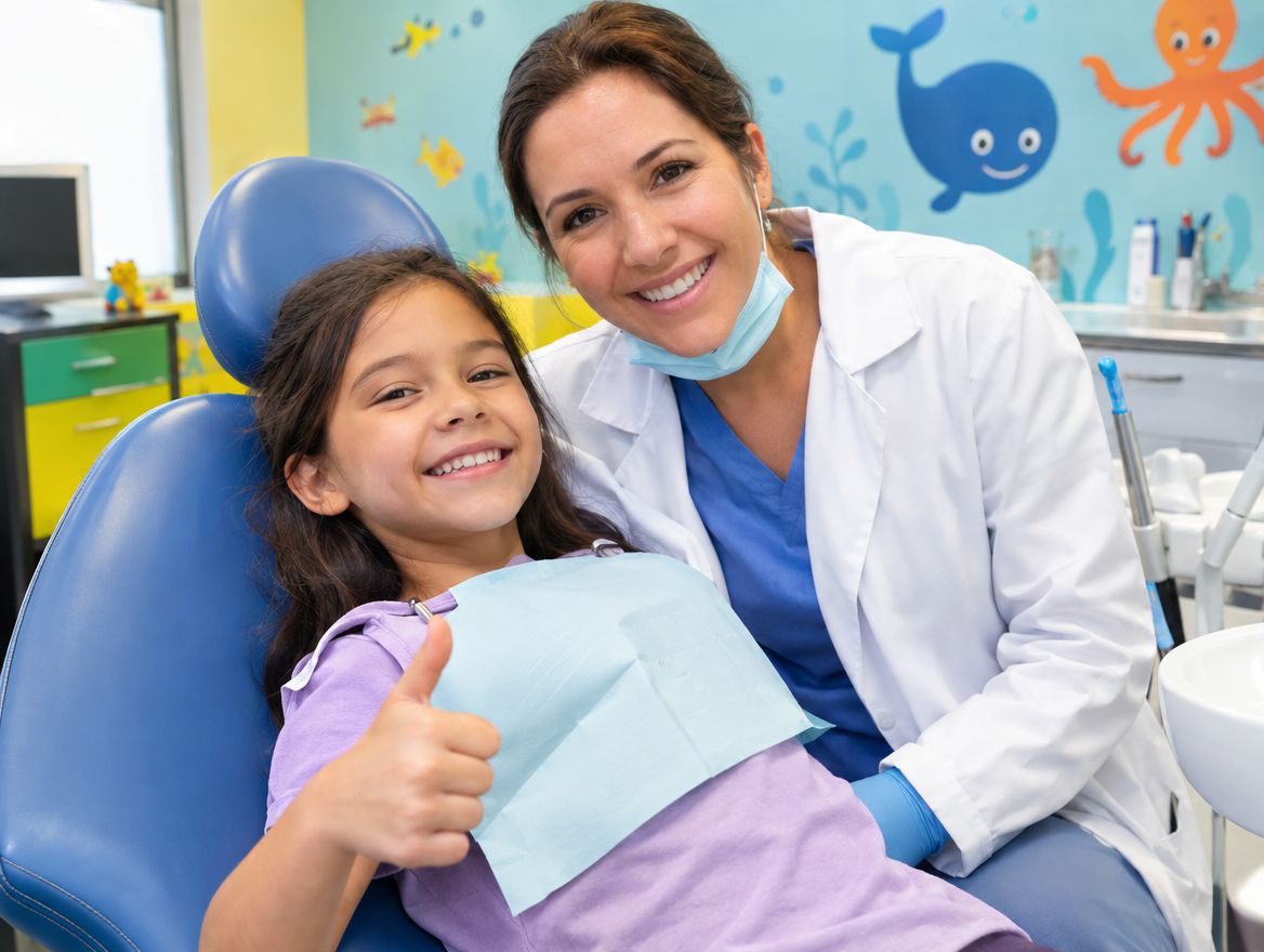 Child giving thumbs up in dental chair