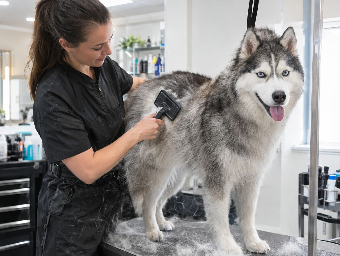 Husky being brushed