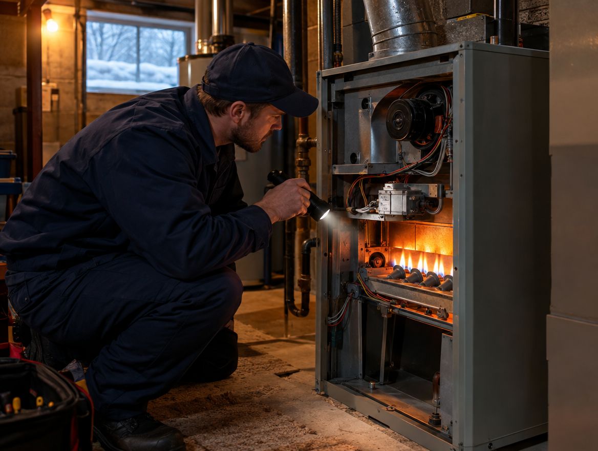 Technician inspecting a furnace
