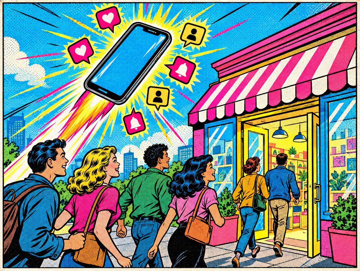 Comic phone rocket bringing customers