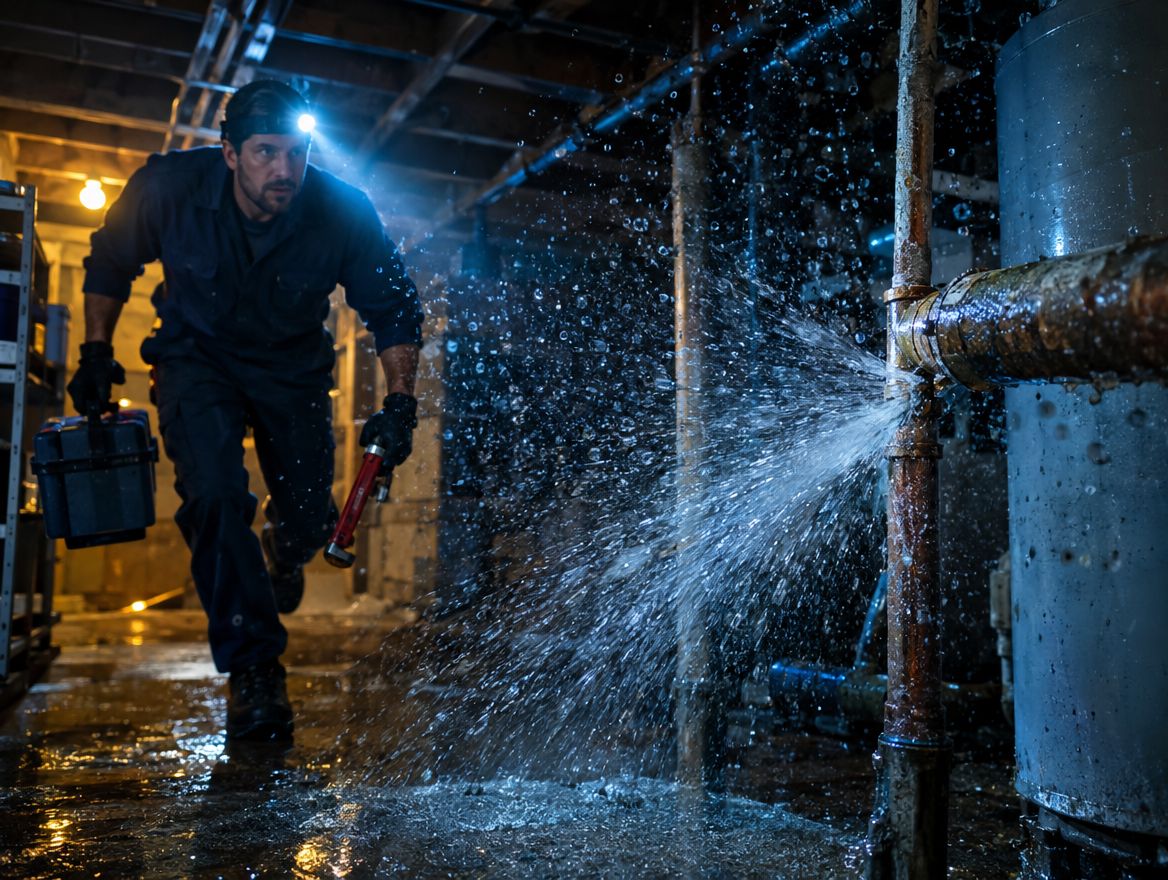 Plumber at a burst pipe