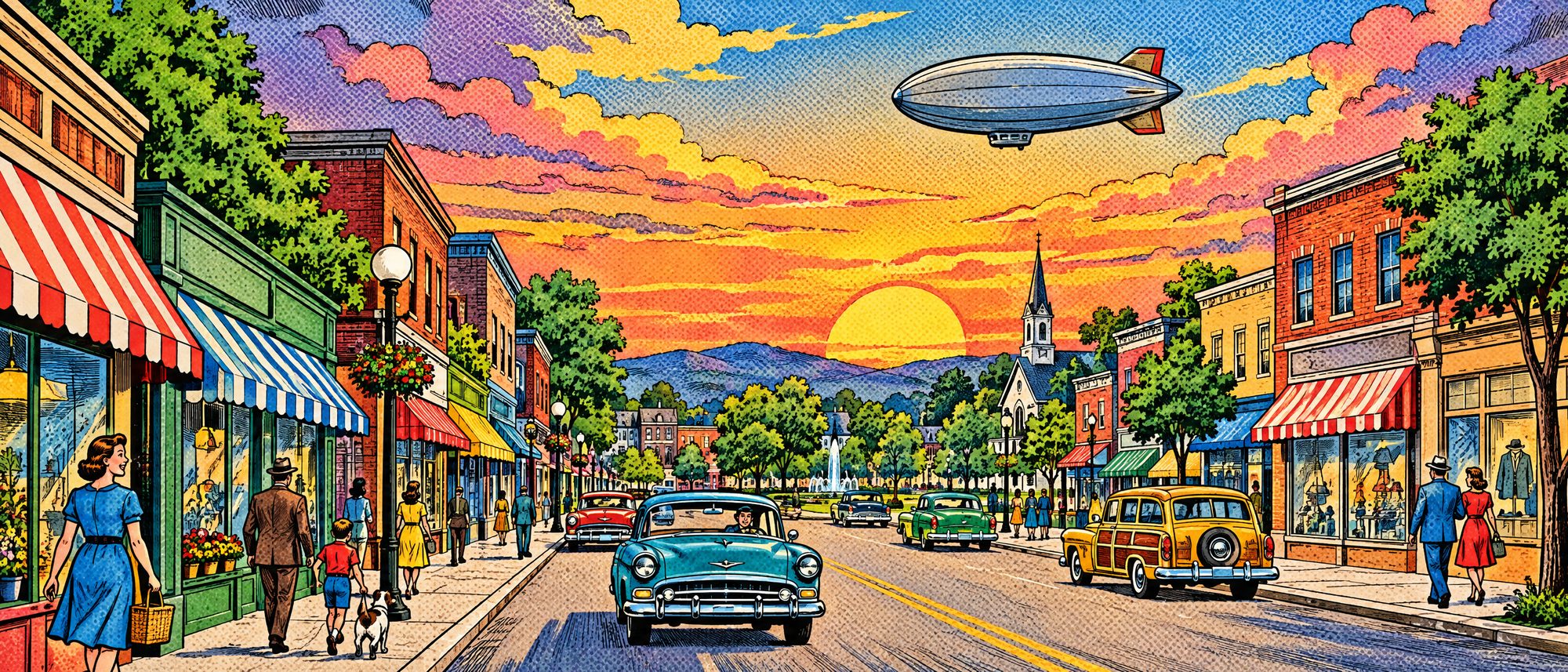 Comic-style small town main street at sunset