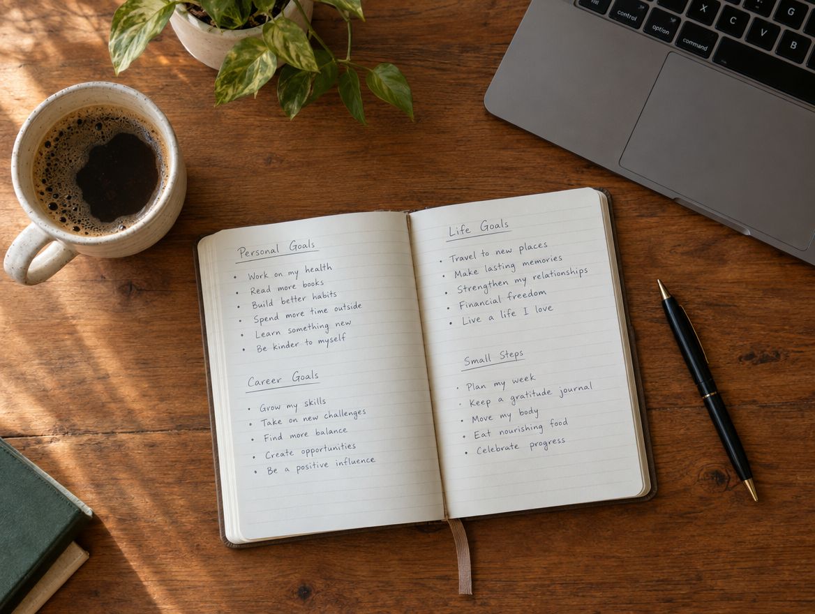 Planner with handwritten goals and coffee