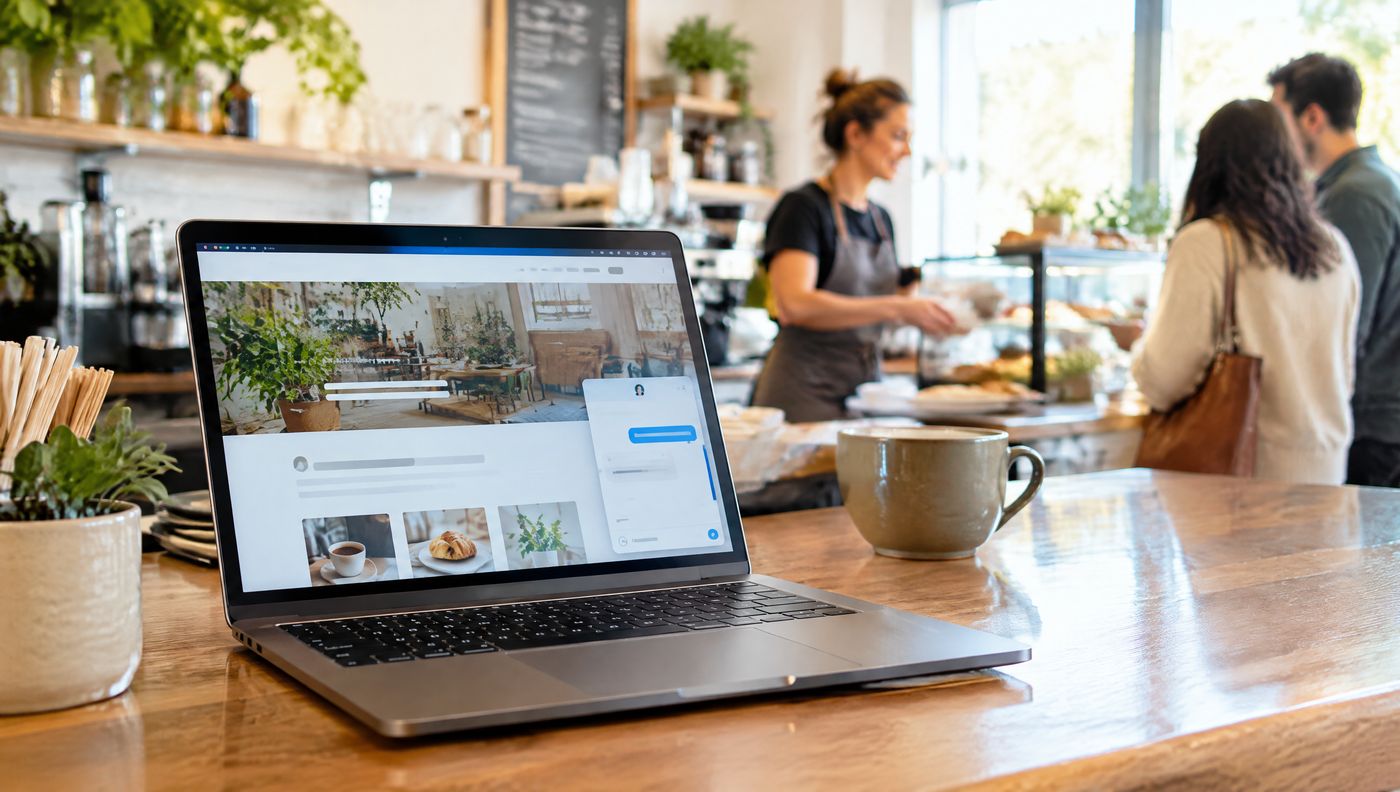 Laptop on a cafe counter showing a website with a chat window open