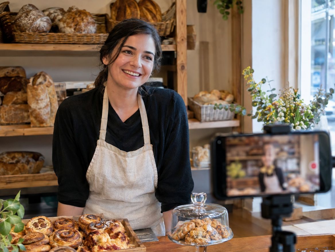 Bakery owner being filmed